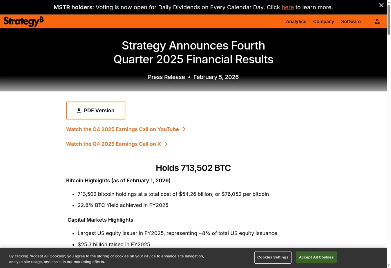 Strategy 比特幣國庫原始網頁截圖